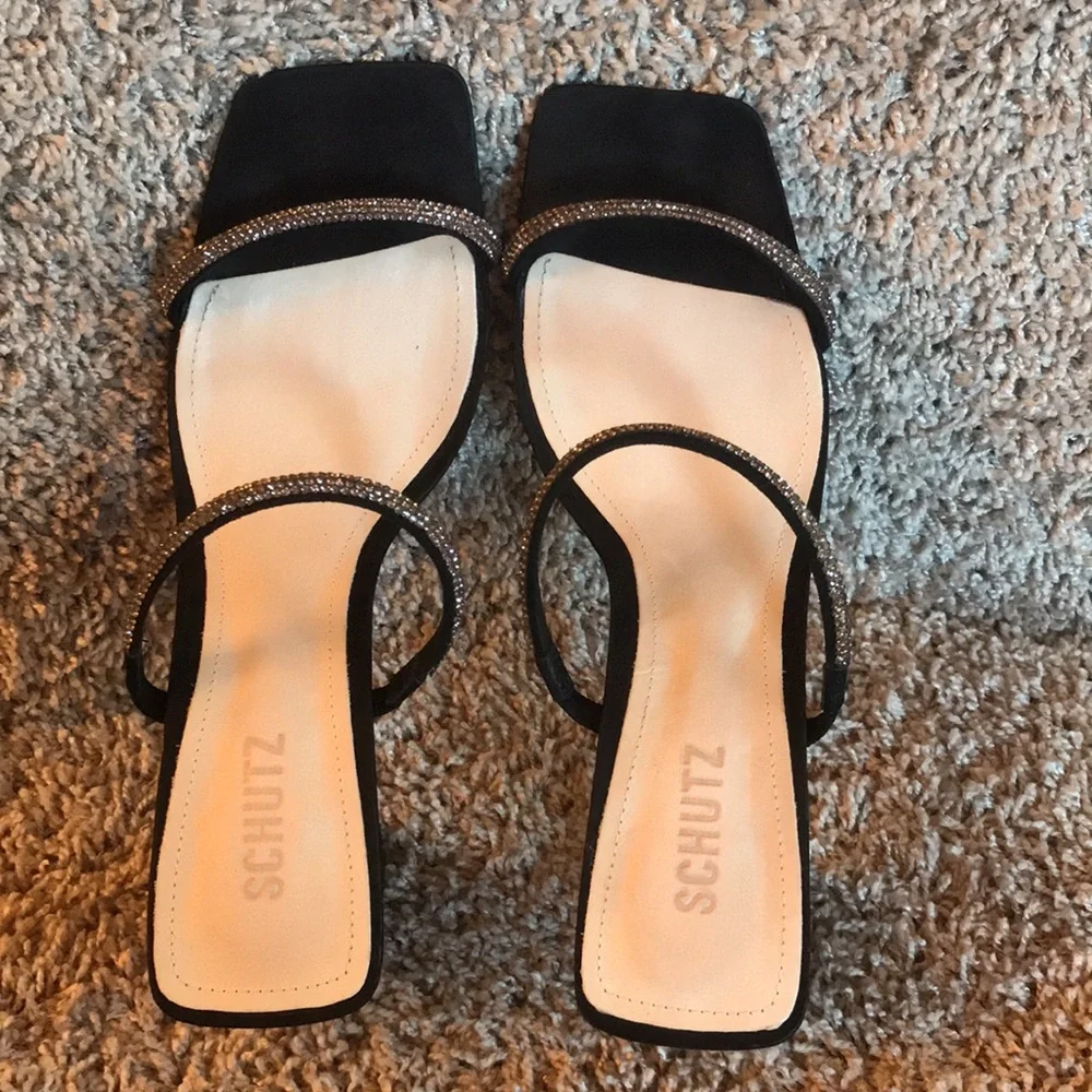 Schutz Salwa Black Suede Rhinestone Strap Sandals size 10.5
